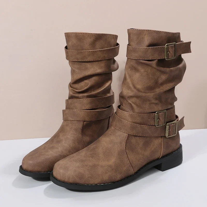 ASHLEY | Damen Kurze Cowboy Stiefel mit Gürtelschnalle