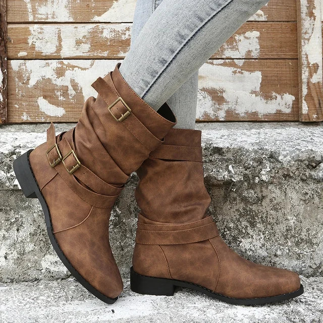 ASHLEY | Damen Kurze Cowboy Stiefel mit Gürtelschnalle